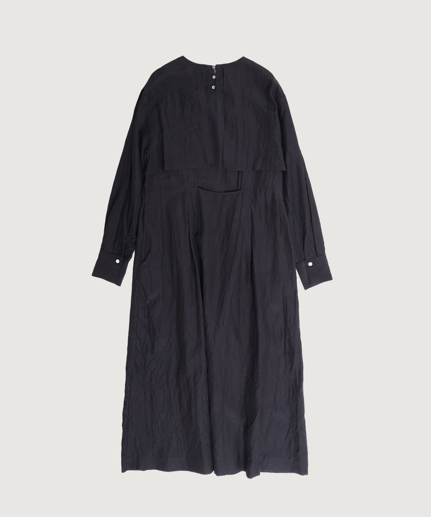 ●コットンキュプラリネン 桐生シワ ロング長袖 ワンピース(クロ-F)