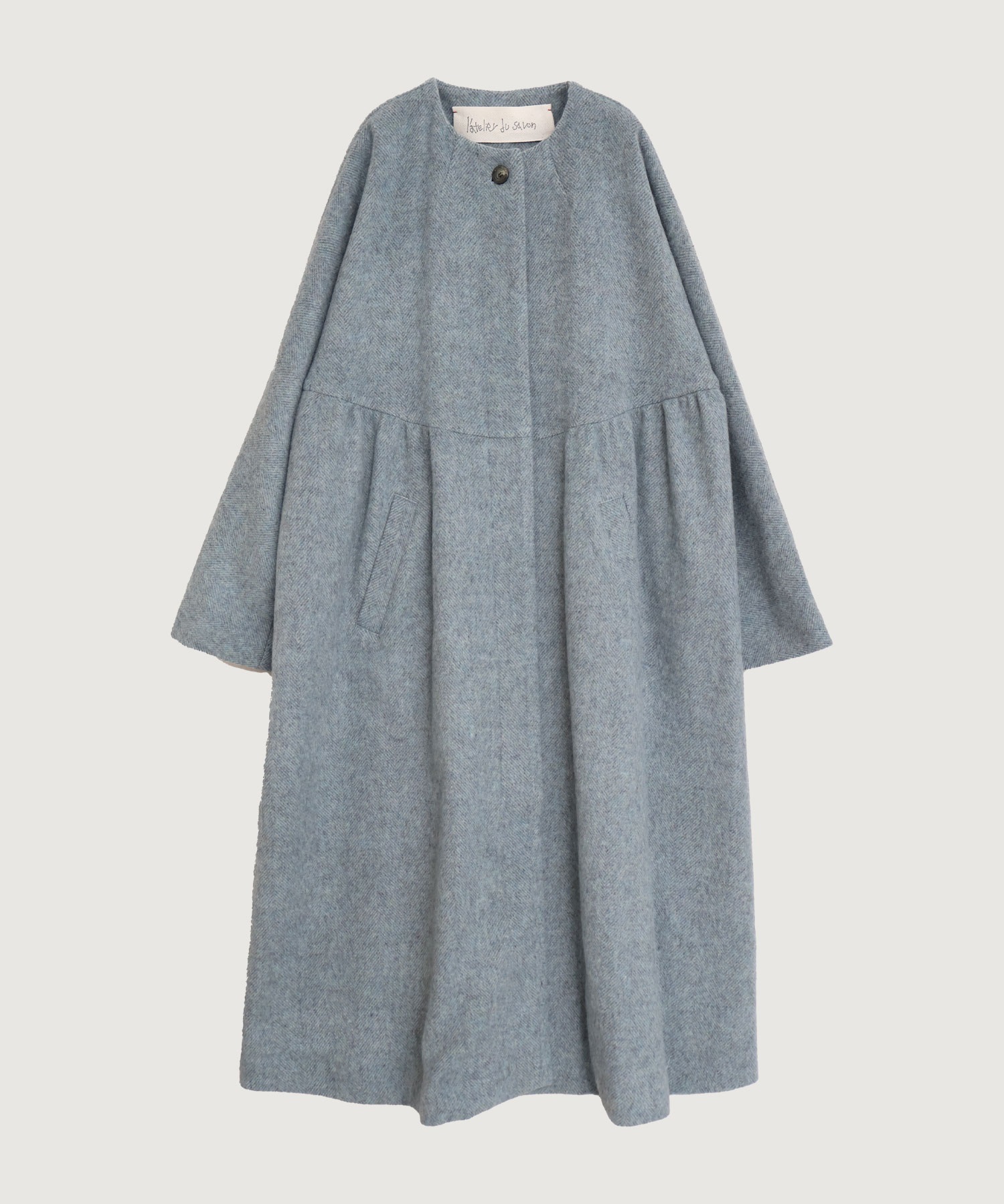 ヘリンボーンウール ドルマンギャザーコート(サックス-F)