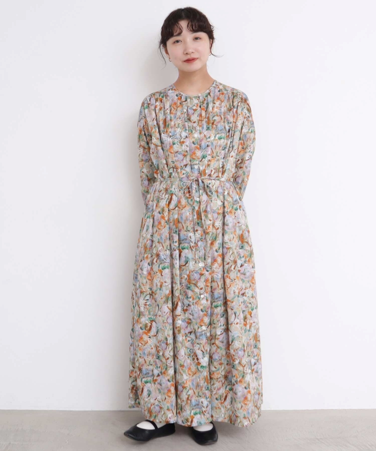 春の香りの水彩プリント ワンピース