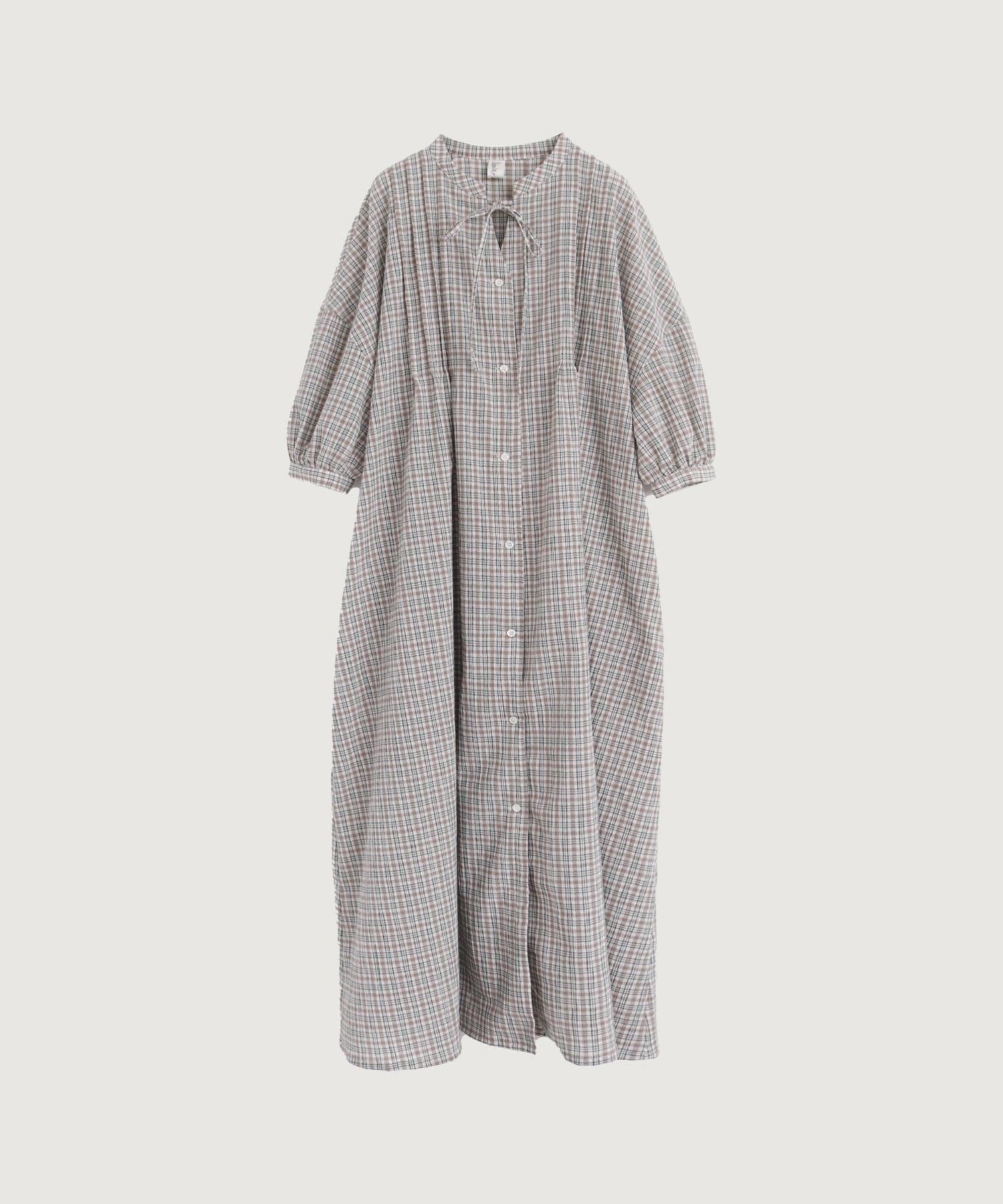 【予約販売】やさしいチェック 七分袖のリボンワンピース