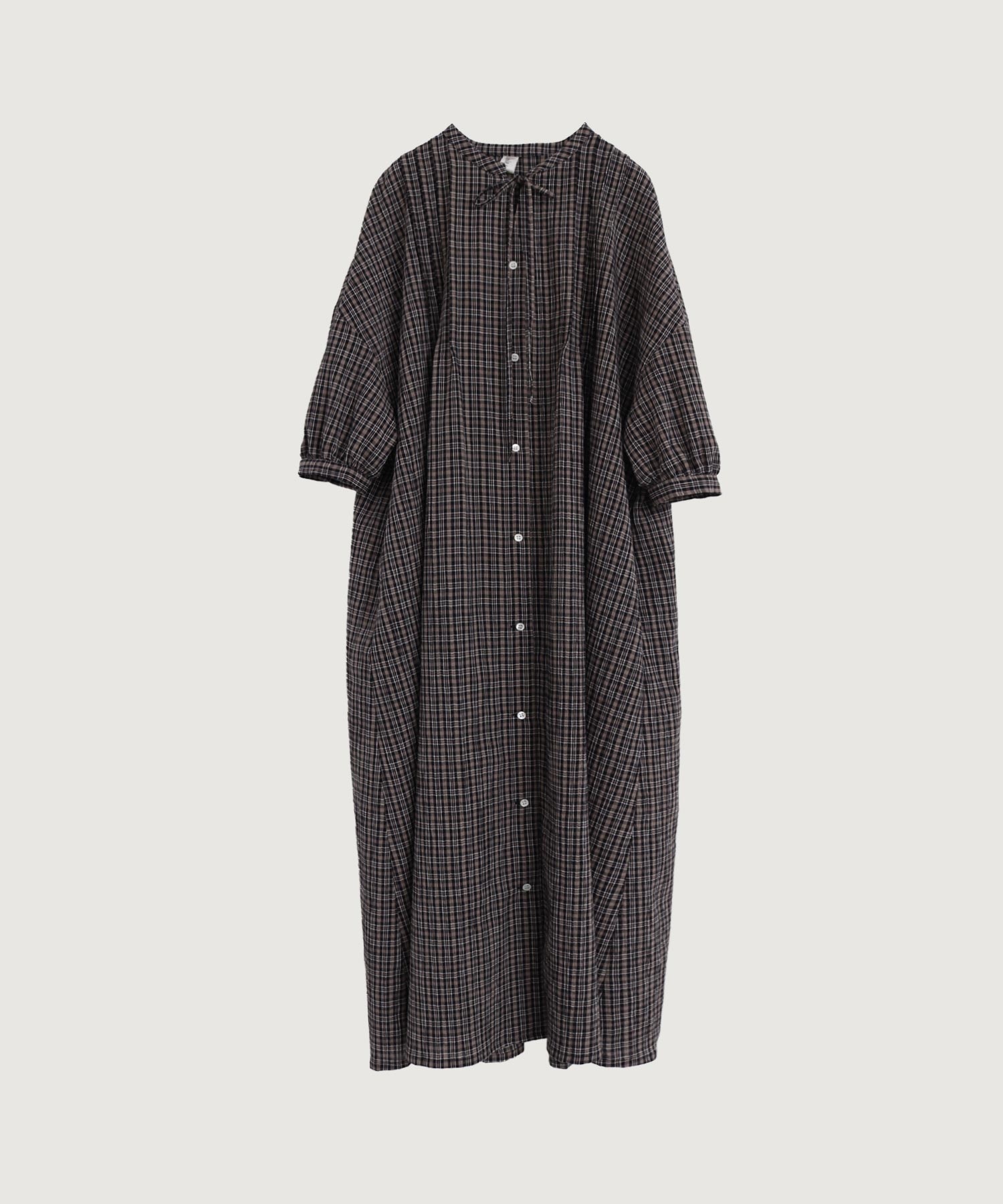 【予約販売】やさしいチェック 七分袖のリボンワンピース