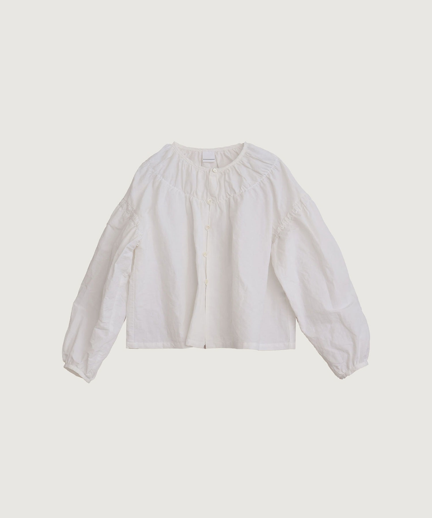 【予約販売】高密度コットンリネンワッシャー シャーリングギャザー ブラウス(シロ-F)