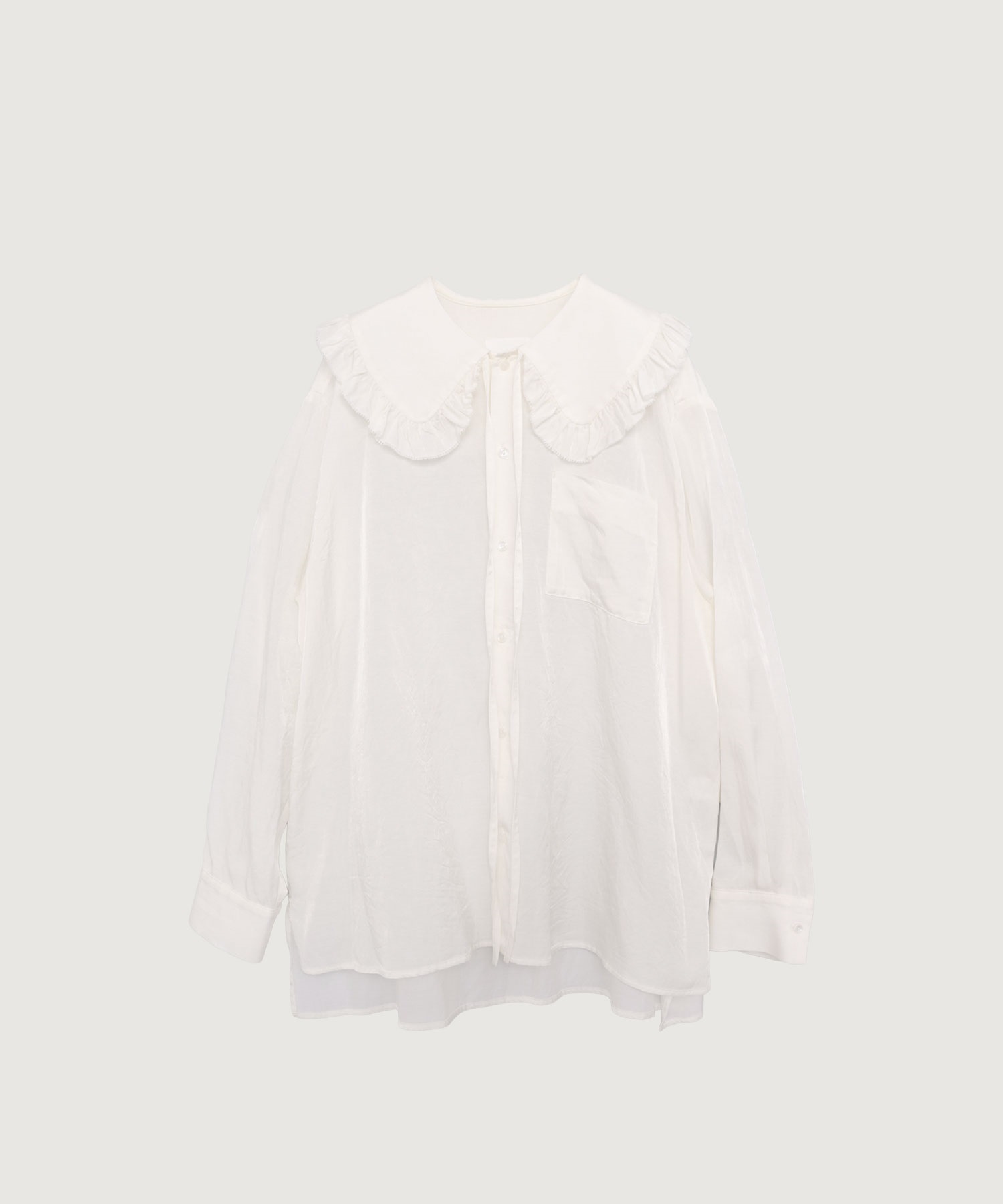 キュプラコットンサテントリプルワッシャー フリルカラーブラウス(シロ-F)