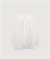 キュプラコットンサテントリプルワッシャー フリルカラーブラウス(シロ-F)