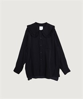 キュプラコットンサテントリプルワッシャー フリルカラーブラウス(クロ-F)