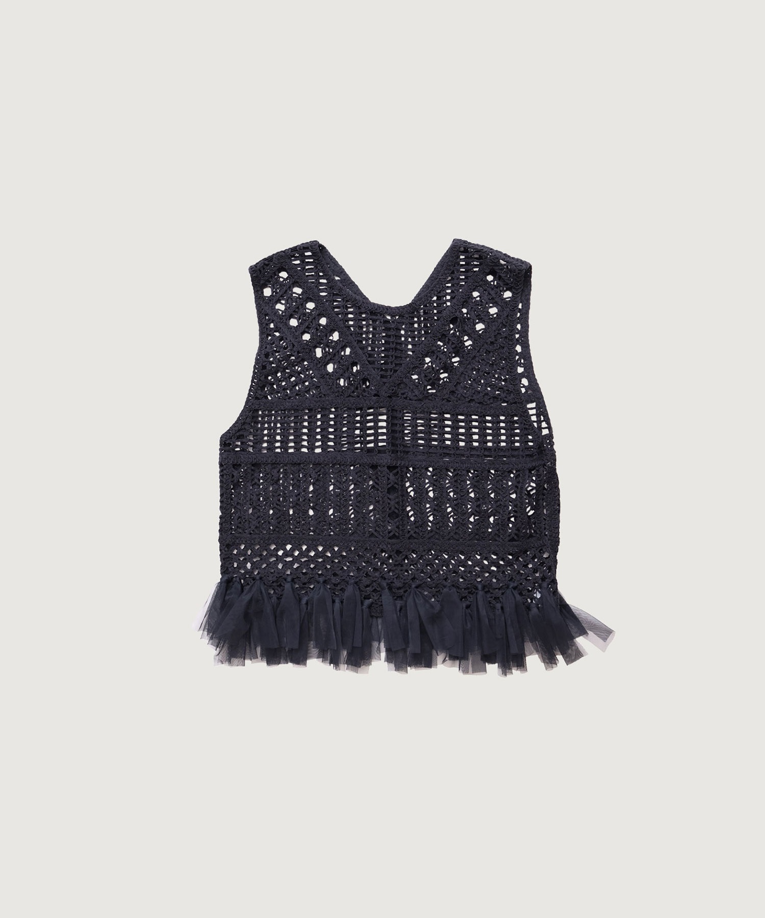 テープヤーン刺繍 チュールフリンジプルオーバー(クロ-F)