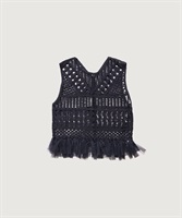 テープヤーン刺繍 チュールフリンジプルオーバー(クロ-F)