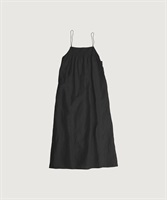 スパークナイロンリネンコットン平織り ギャザーロング ワンピース(クロ-F)