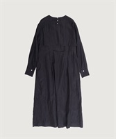 【予約販売】コットンキュプラリネン 桐生シワ ロング長袖 ワンピース(クロ-F)