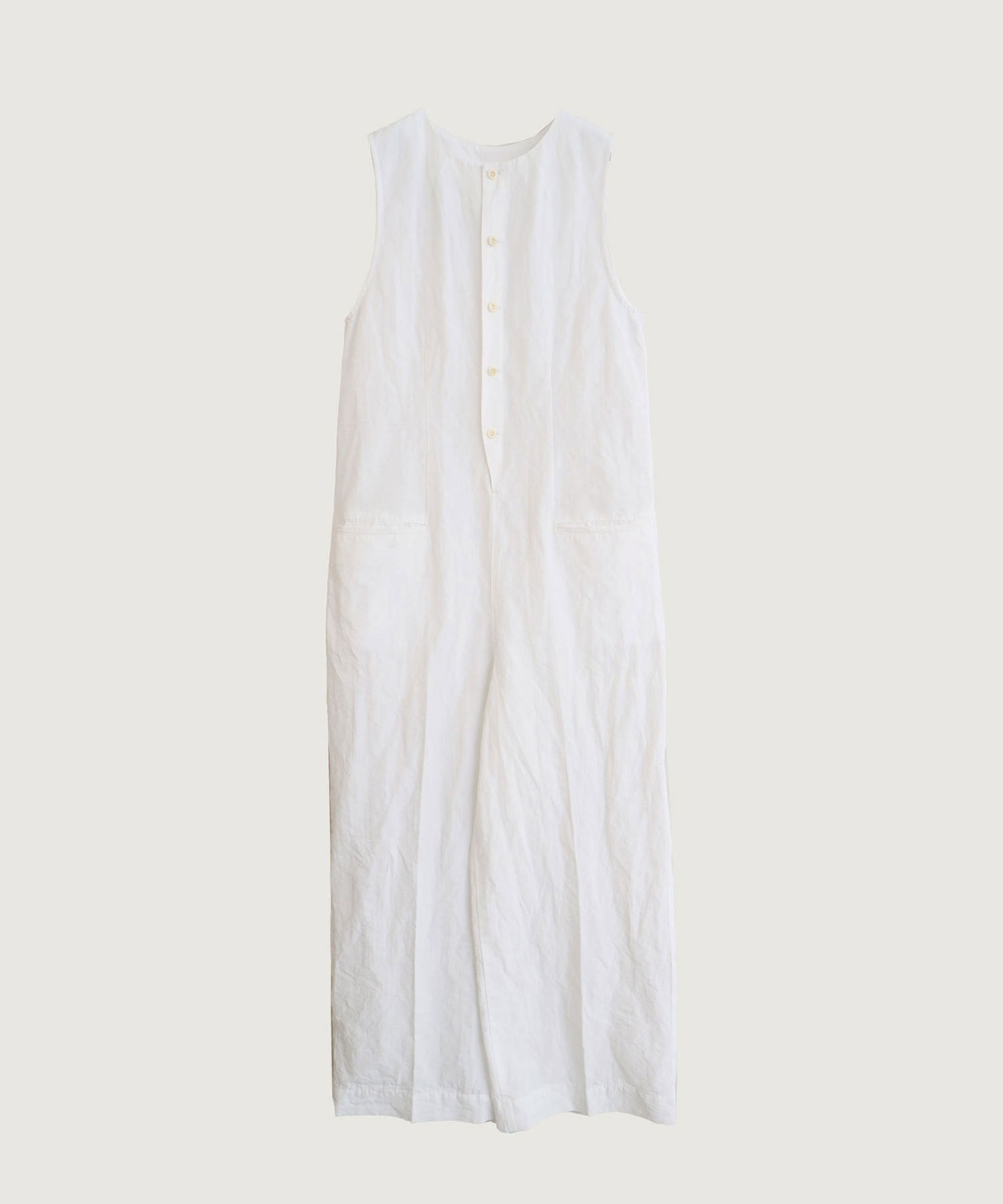 高密度コットンリネンワッシャー ノースリ サロペット(シロ-F)