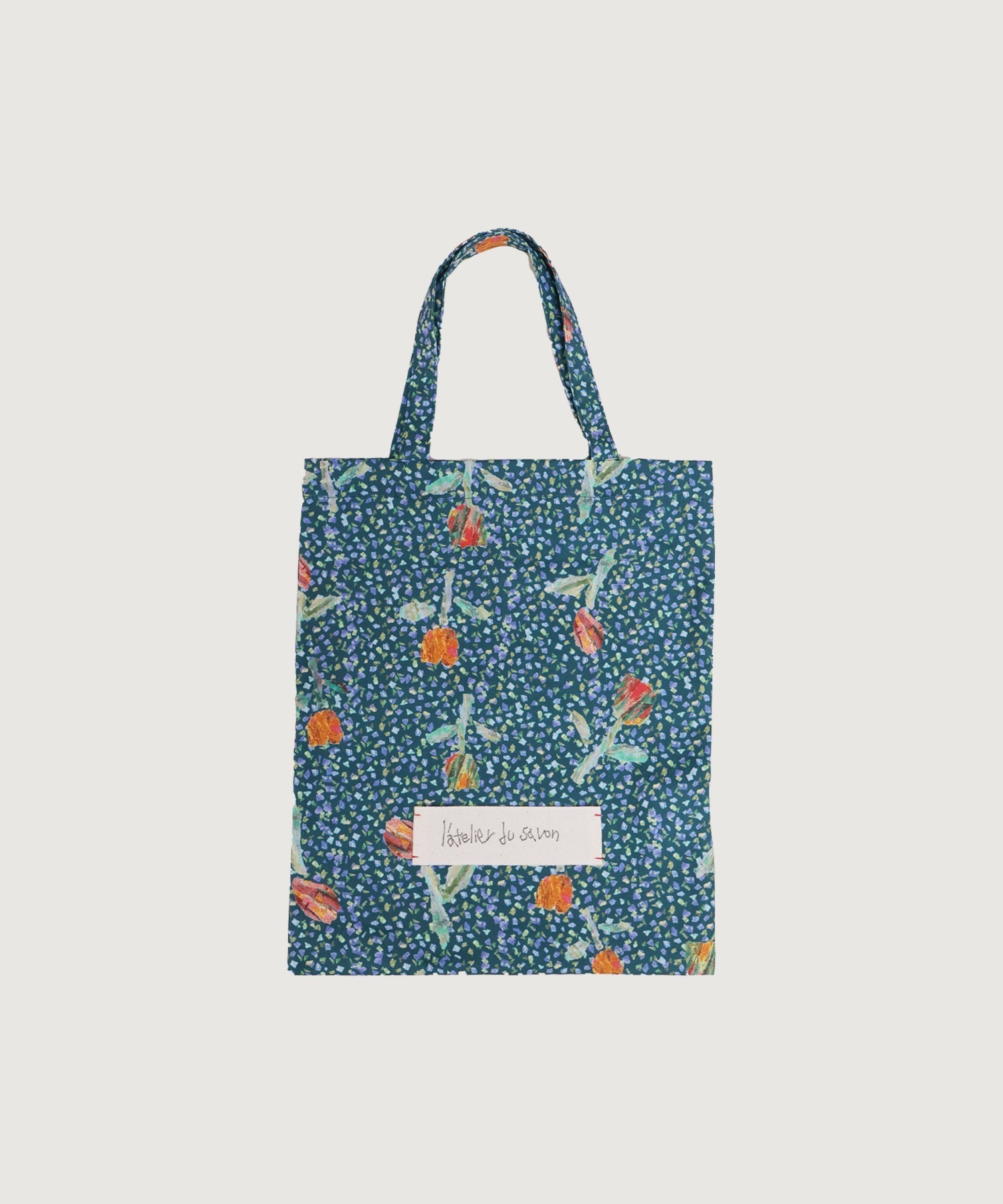 ちぎり絵のチューリッププリント トートバッグ(グリーン-F)