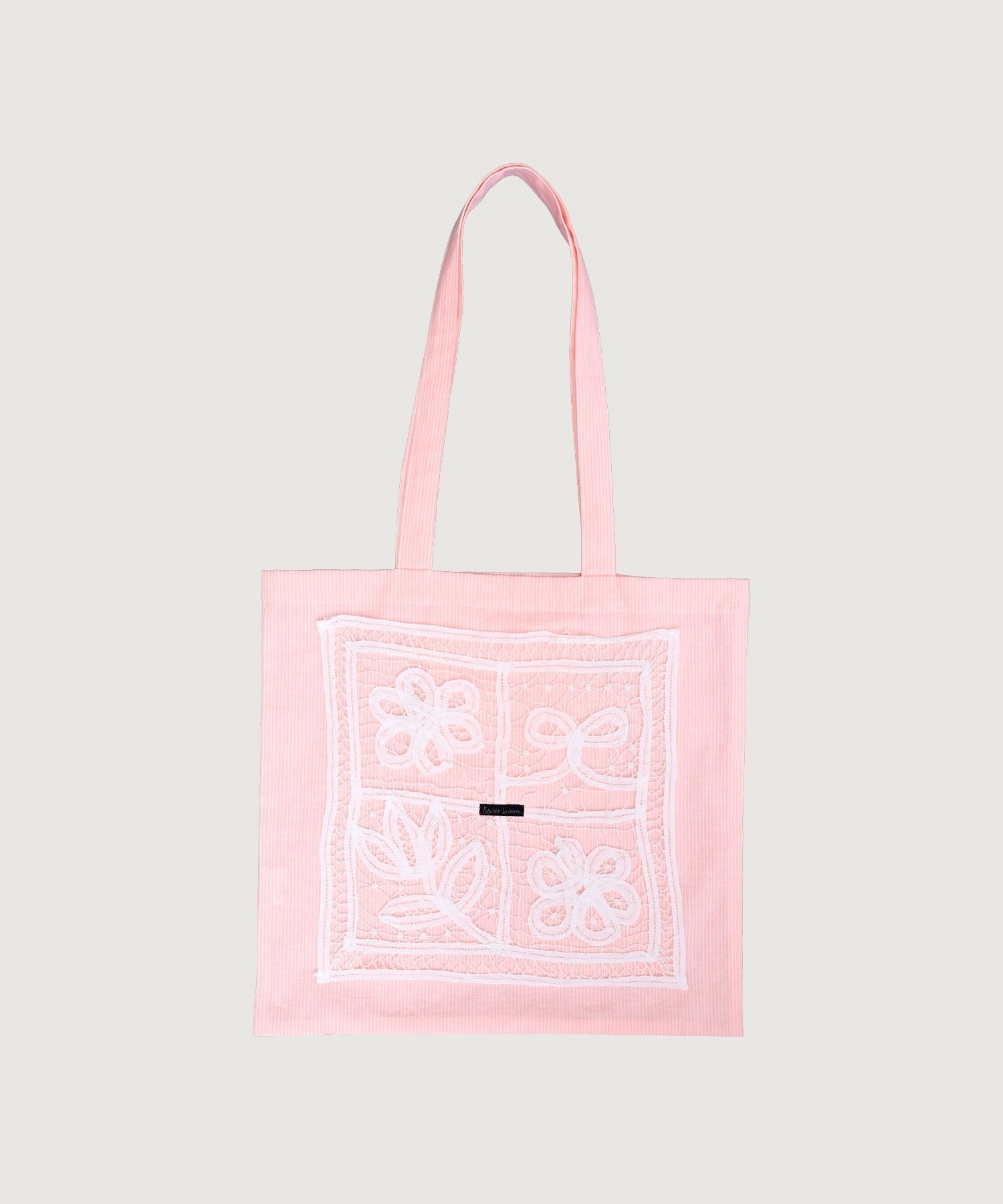 花とリボンのバテンレース　トートバッグ(ピンクストライプ-F)
