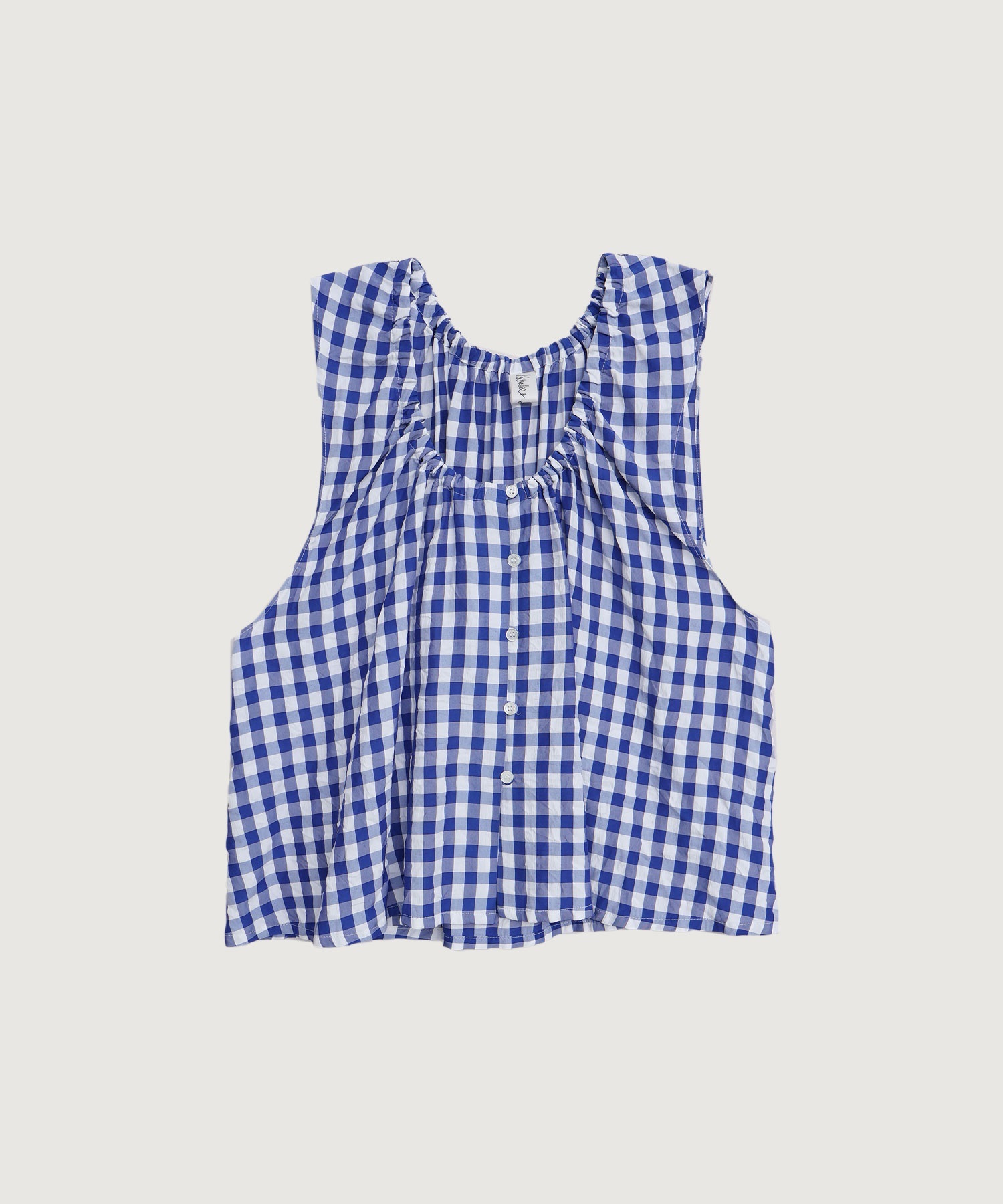 アセテートギンガム　ひらひらブラウス(アオ-F)