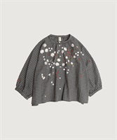 【予約販売】お花スケッチ ファー刺繍ブラウス(クロチェック-F)