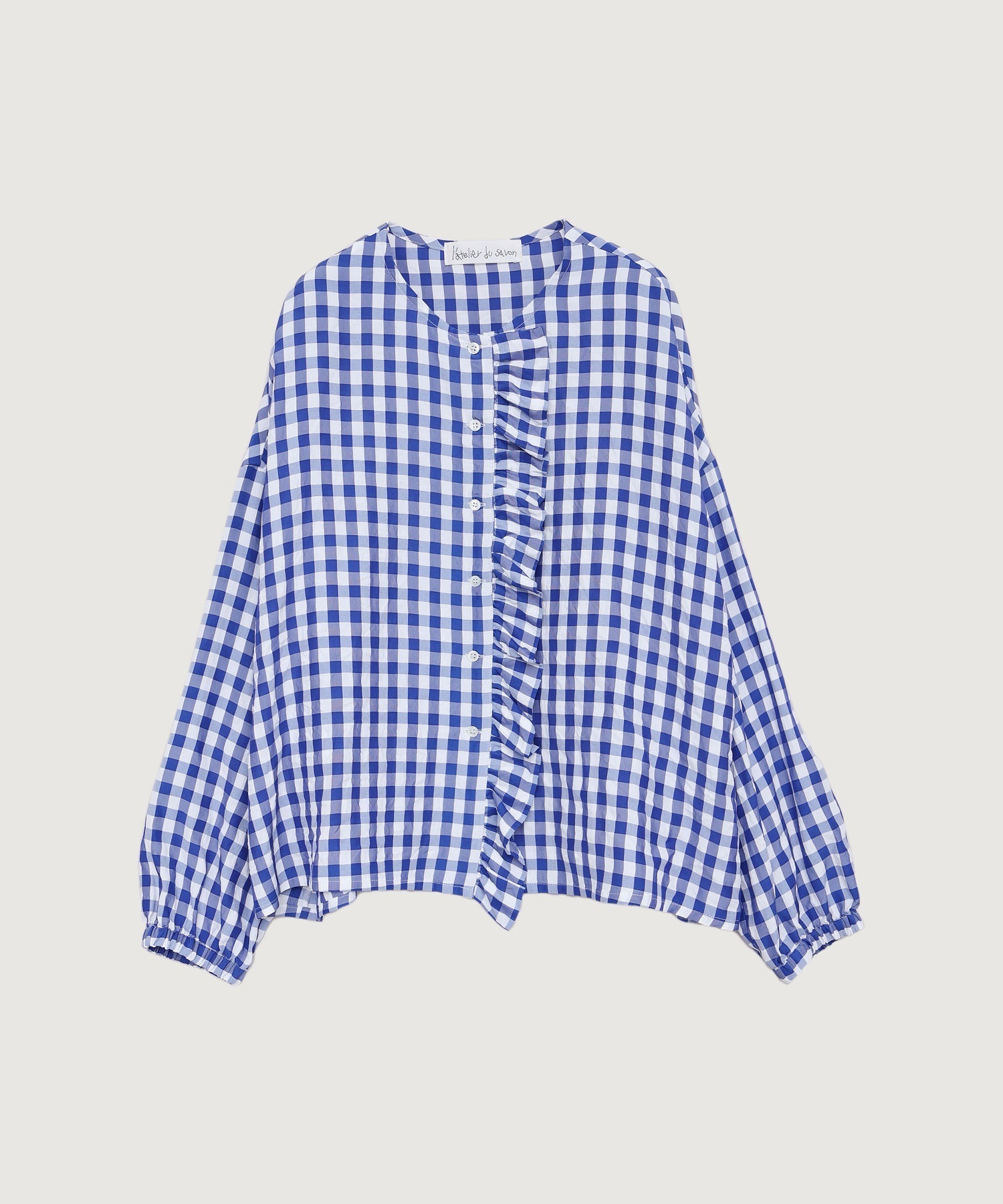 アセテートギンガム　前立てフリルブラウス