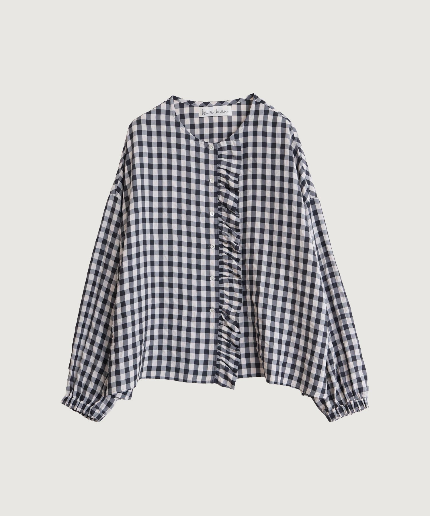 アセテートギンガム　前立てフリルブラウス