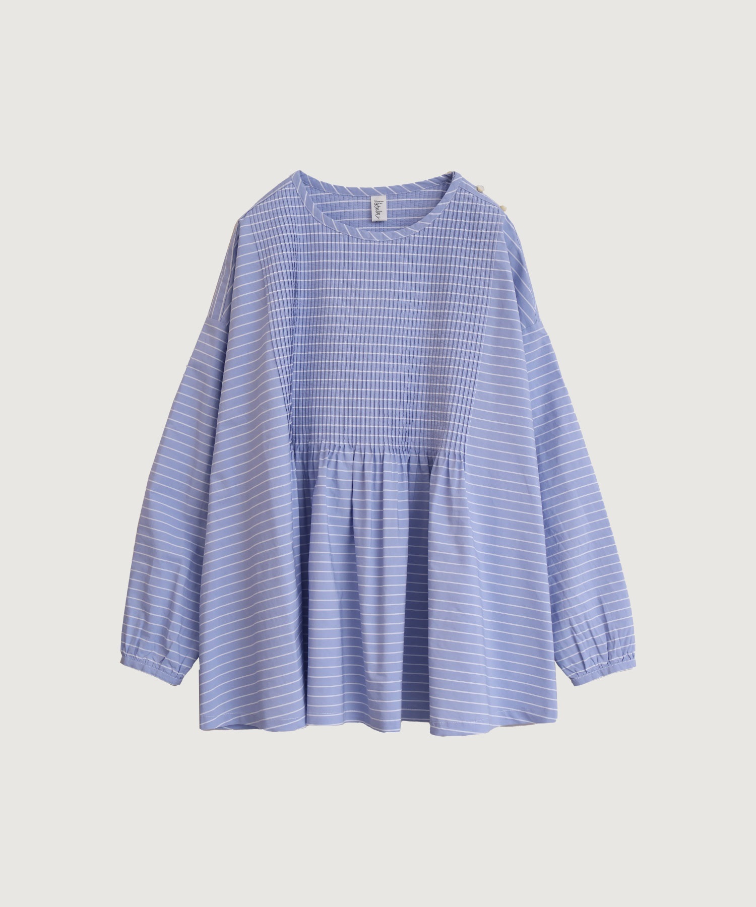 バスクシャツみたいなピンタックブラウス(サックス×シロボーダー-F)