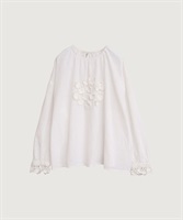 【予約販売】handcraft　かぎ針お花のついたTブラウス(シロ-F)