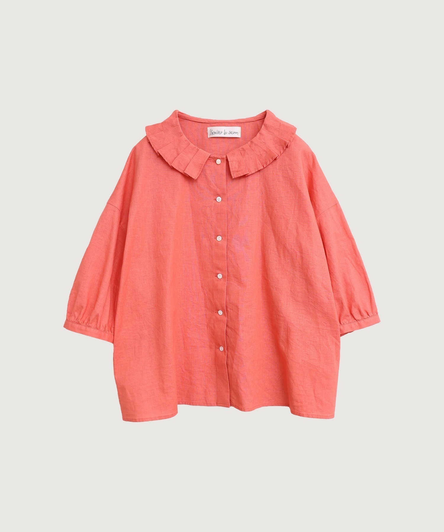 襟プリーツ綿麻ブラウス