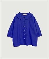 襟プリーツ綿麻ブラウス(アオ-F)