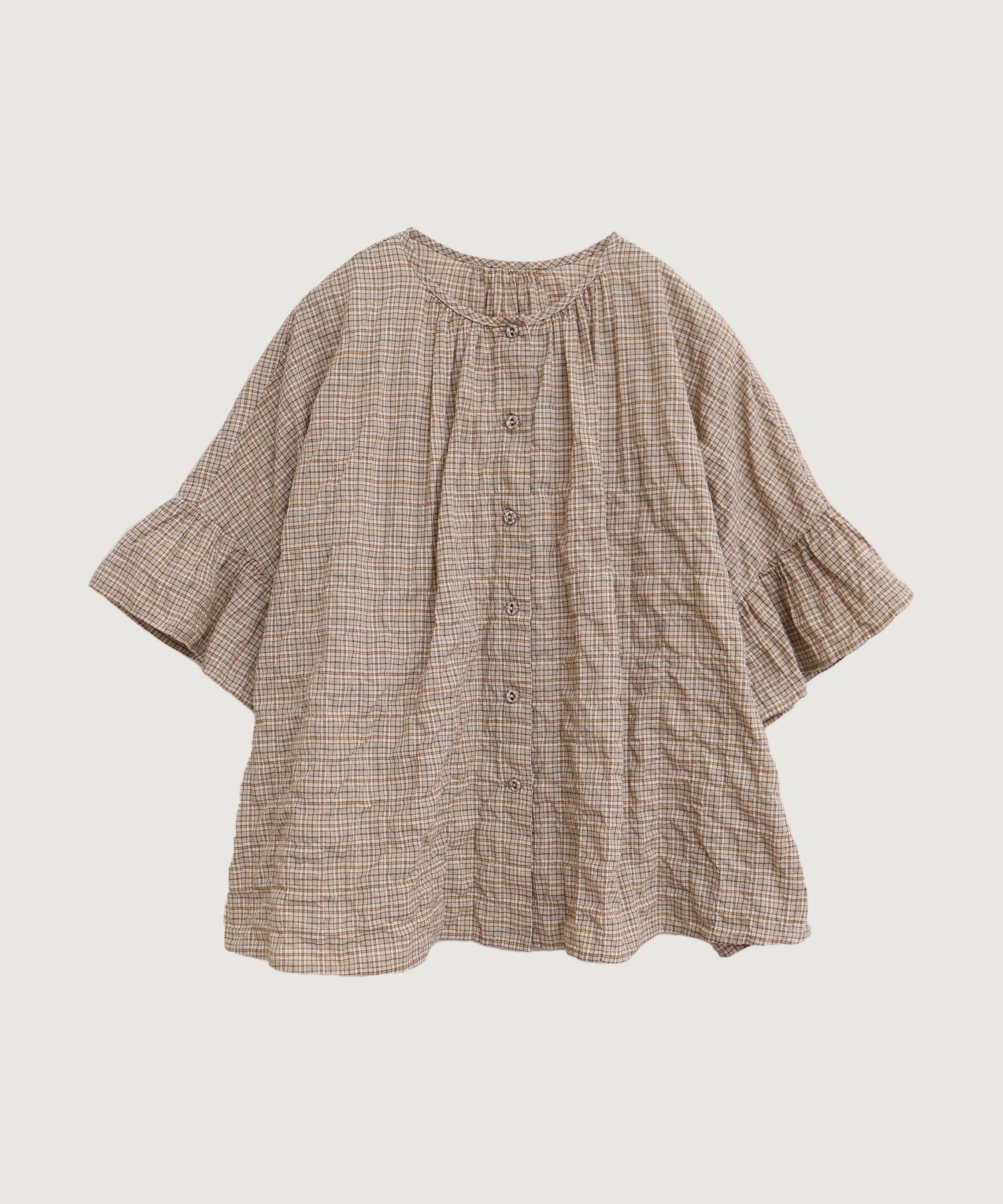 【予約販売】シャーリングチェック/ストライプ　袖ひらひらブラウス(ベージュチェック-F)