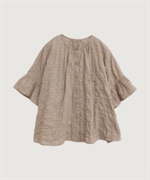 【予約販売】シャーリングチェック/ストライプ　袖ひらひらブラウス(ベージュチェック-F)