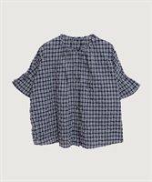 【予約販売】シャーリングチェック/ストライプ　袖ひらひらブラウス(コンチェック-F)