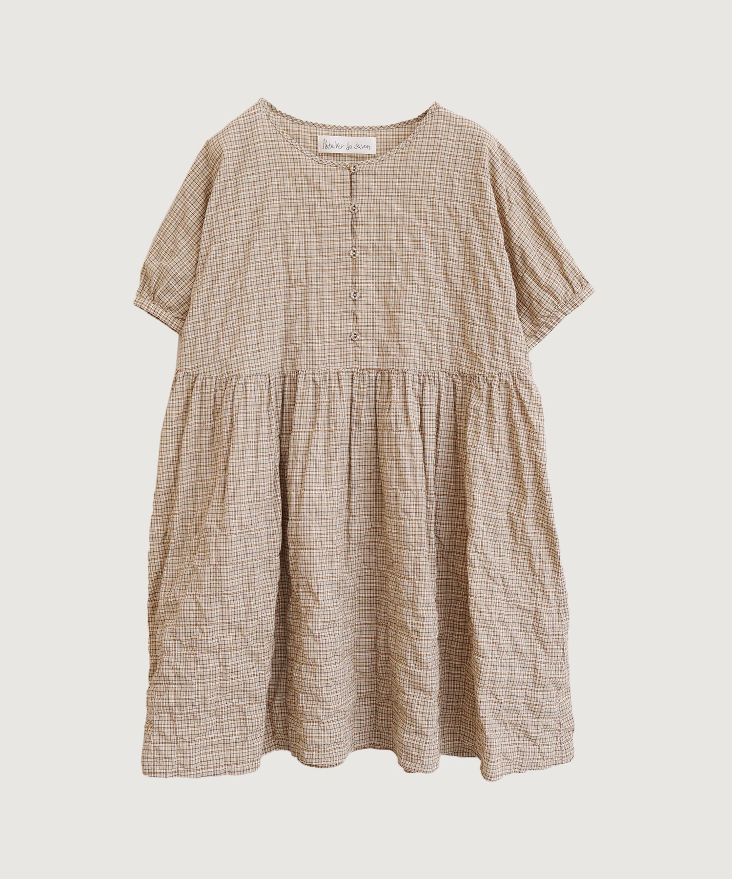 【予約販売】シャ－リングチェック/ストライプ　フレンチブラウス(ベージュチェック-F)