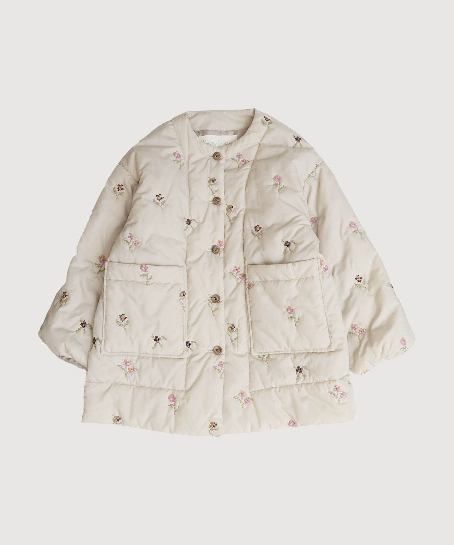 【予約販売】お花のクロスステッチ キルト刺繍コート(キナリ-F)