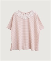 バテンレース襟のボーダーTシャツ(ピンクボーダー-F)
