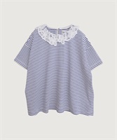 バテンレース襟のボーダーTシャツ(アオボーダー-F)