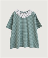 バテンレース襟のボーダーTシャツ(グリーンボーダー-F)