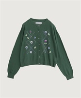 パンジーのお花　ハンド刺繍カーディガン(グリーン-F)