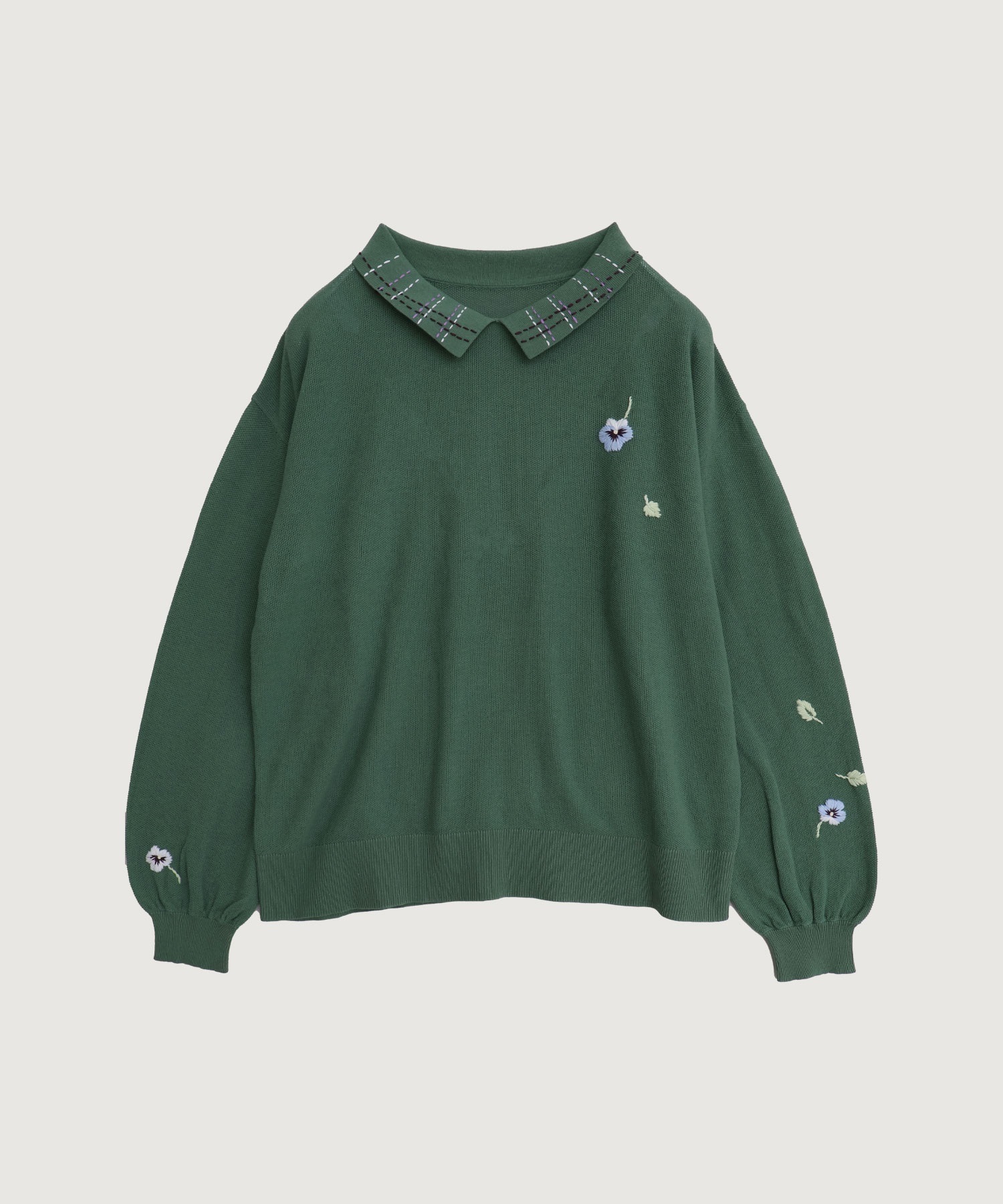 パンジーのお花　ハンド刺繍　襟付きニット(グリーン-F)