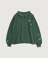 パンジーのお花　ハンド刺繍　襟付きニット(グリーン-F)