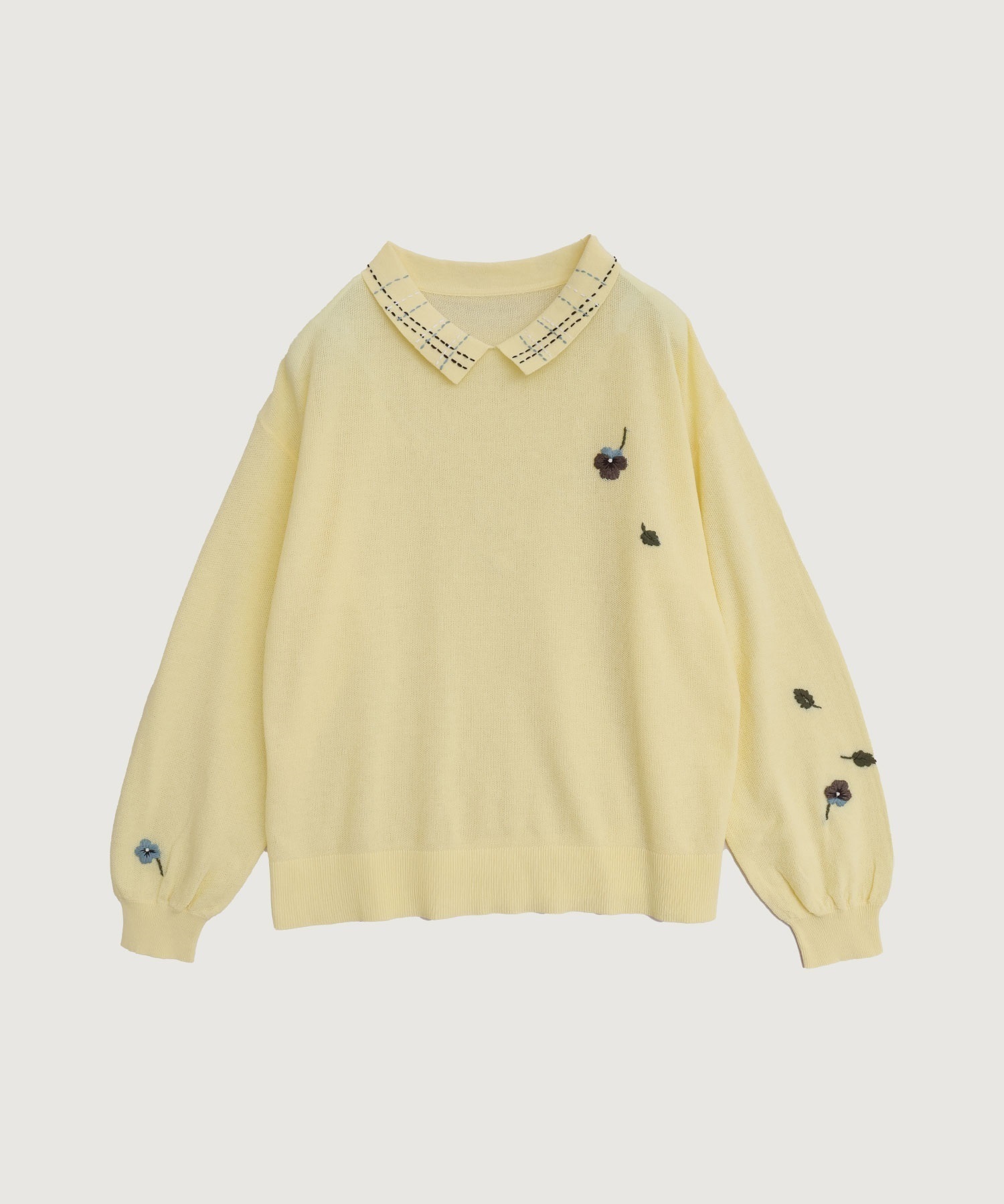 パンジーのお花　ハンド刺繍　襟付きニット
