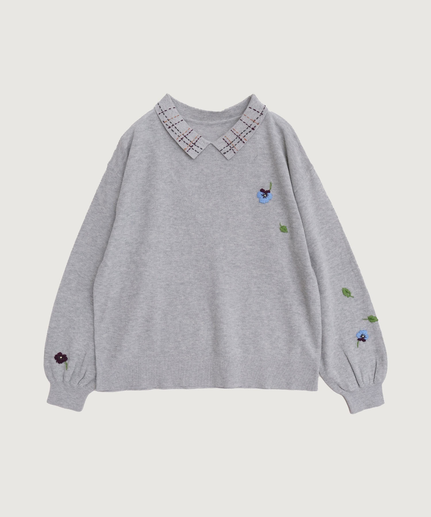 パンジーのお花　ハンド刺繍　襟付きニット(グレー-F)