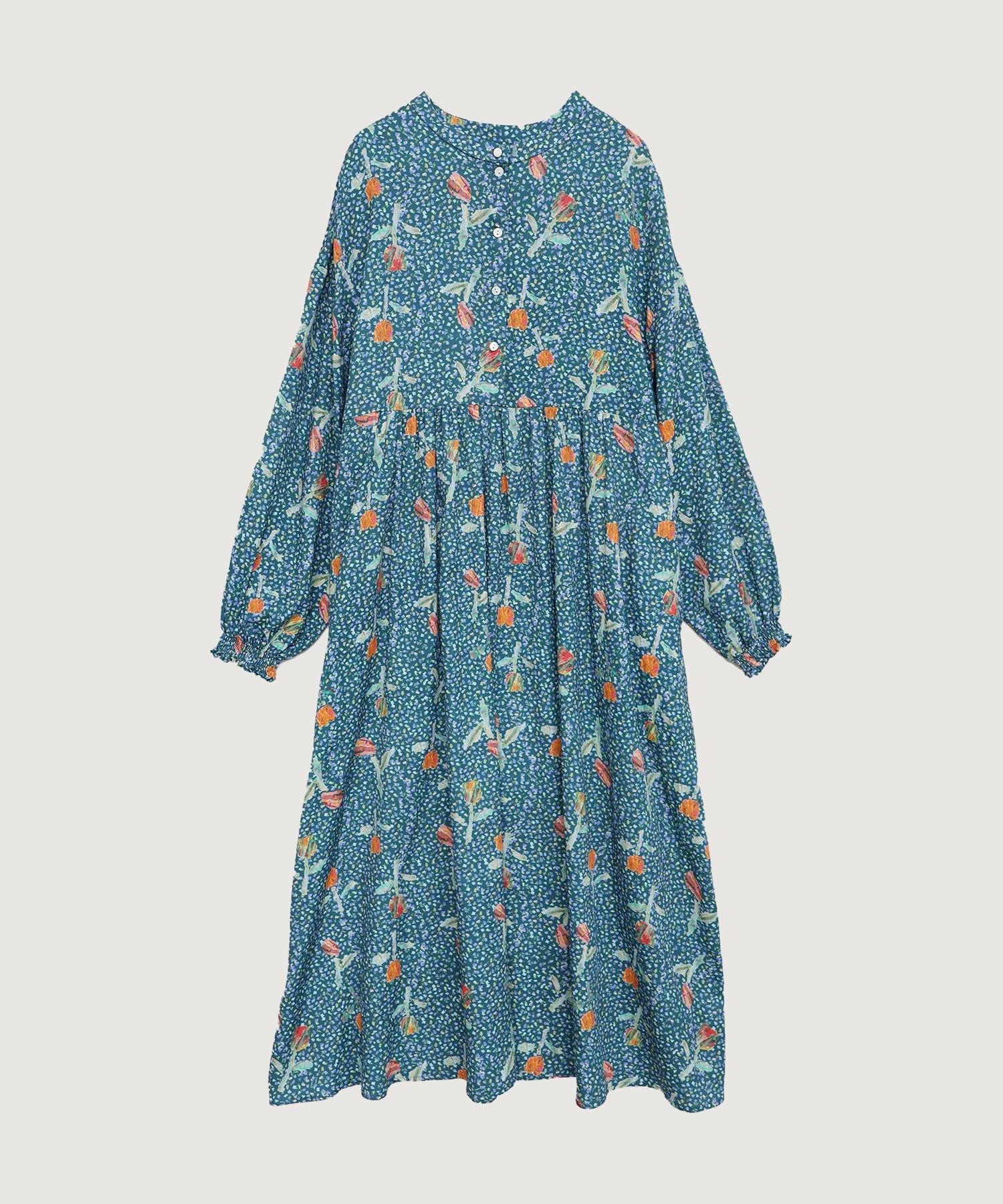 【予約販売】ちぎり絵のチューリッププリント　ギャザーワンピース(グリーン-F)