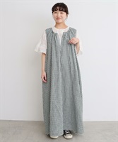 麻のしぼるリボン ノースリワンピース(グリーン-F)