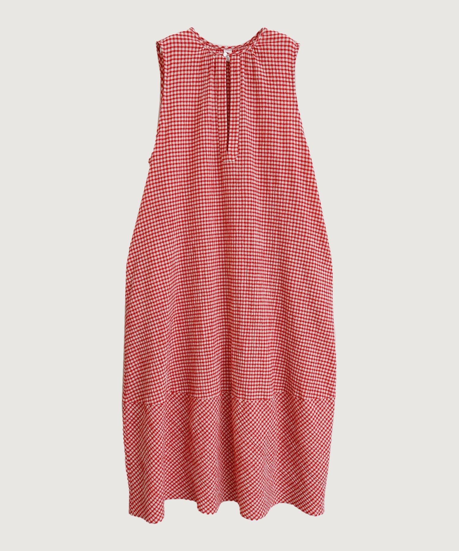 【予約販売】ちぢみギンガム　裾バルーンワンピース(アカ-F)