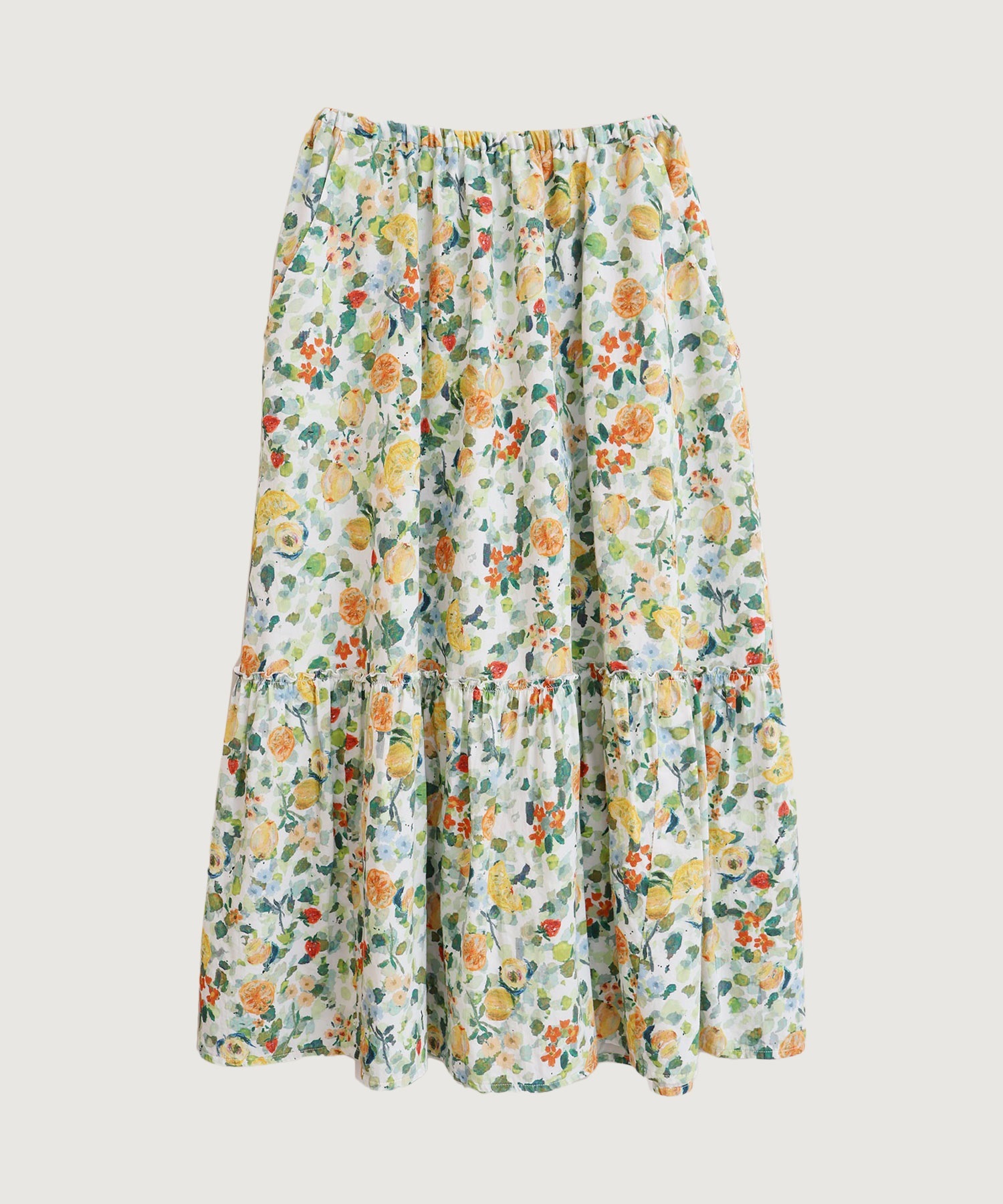 【予約販売】夏のフルーツプリント　ギャザースカート(シロ-F)