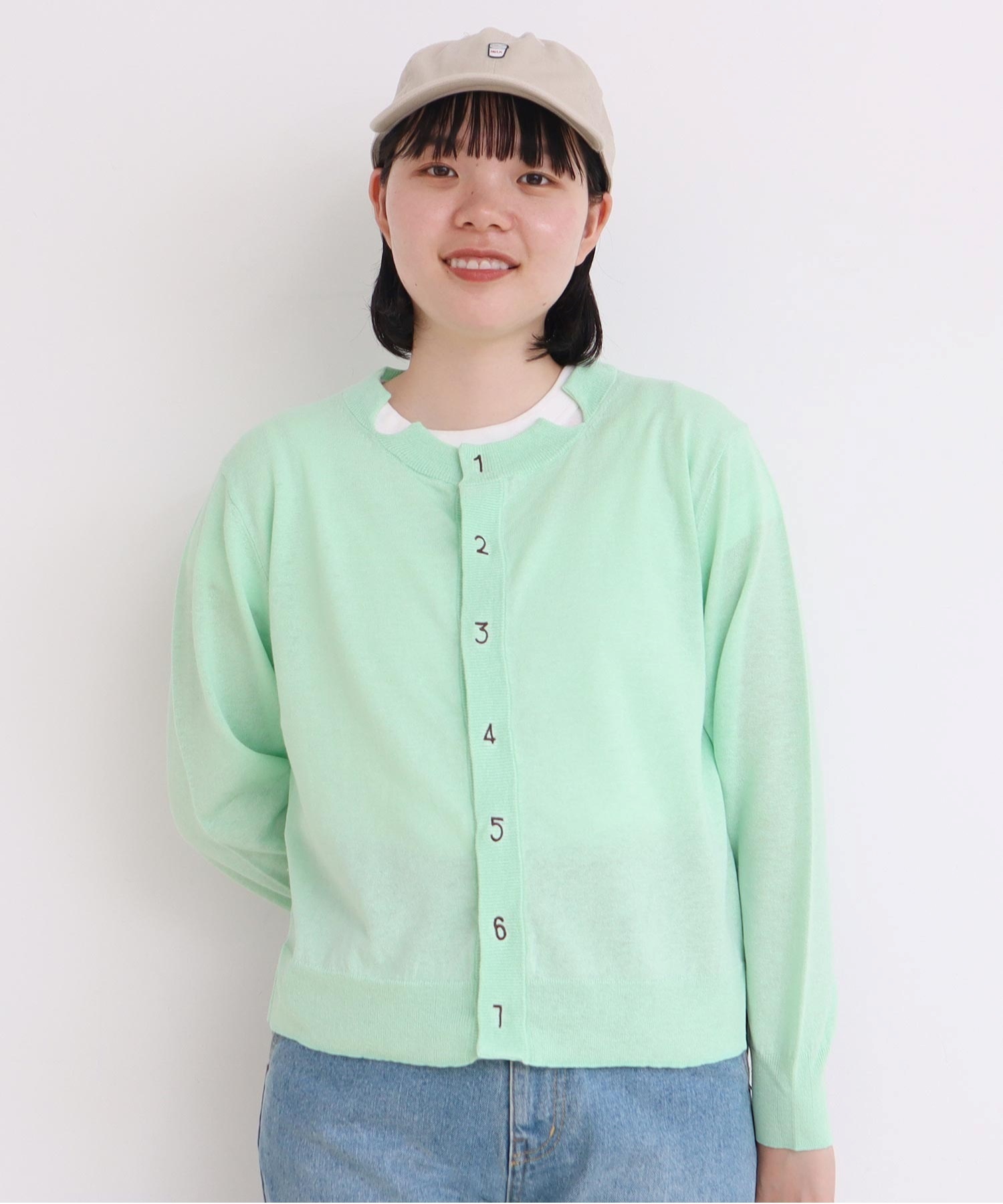 コットンリネン数字刺繍 クルーネック カーディガン