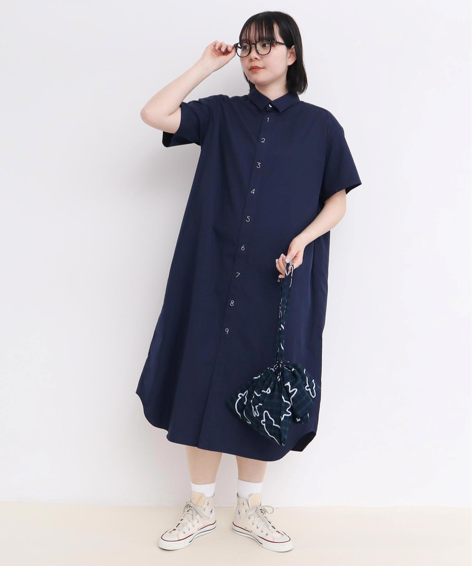 80/2ピンオックス 数字刺繍半袖シャツワンピース